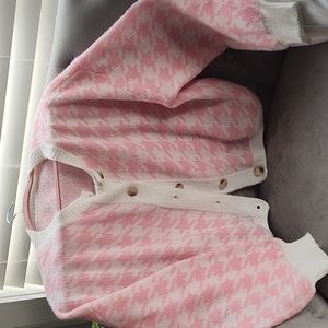 Shein Pink and White Houndstooth Print Cardigan-Size XL